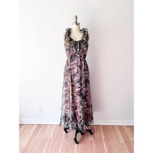 Vintage 70s Geometric Maxi Dress with Ruffle